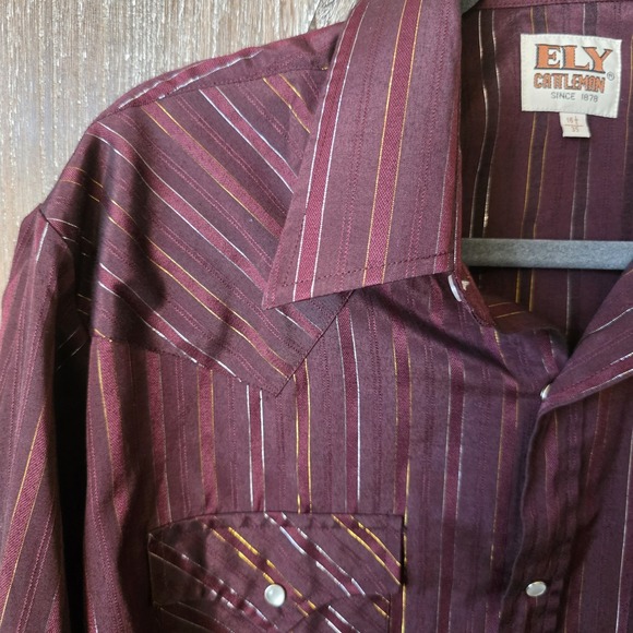 Ely Cattleman Shirt Men's 16.5/35 Burgundy Pearl Snap Metallic Striped Western - Picture 2 of 7